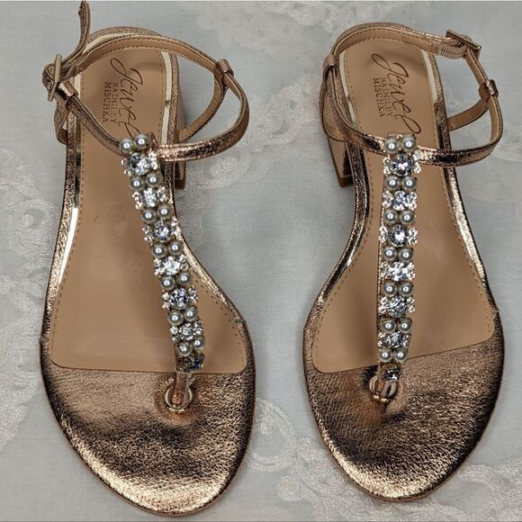Jewel Badgley Mischka Dasha Block Heel Thong Sandals Roes Gold Champagne Y2K - Picture 2 of 6